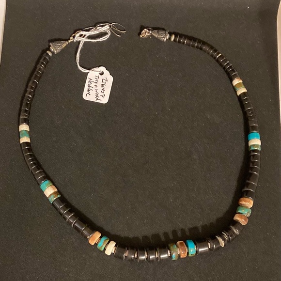 Turquoise & Wood Native American Sterling Necklace